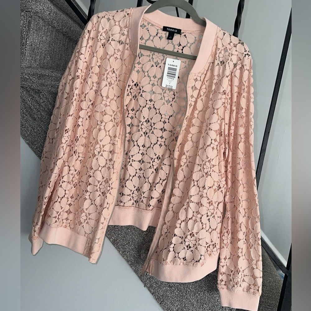 Torrid. Pink lace bomber.